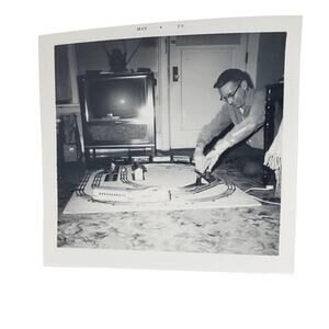 Vtg Monochrome Photography Man Putting Train Track Together Found Snapshot